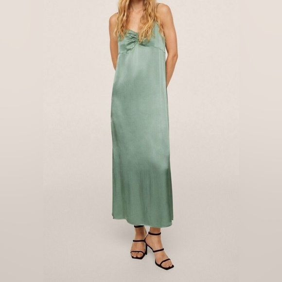 NWT,Mango MNG, Green Dress Elegant Green Satin Slip Dress,Side Splits,Size L - Picture 8 of 14